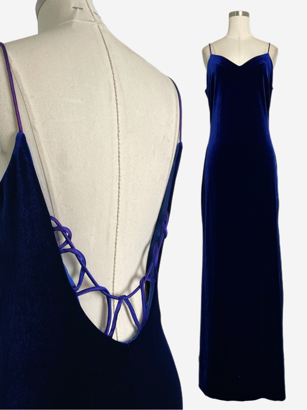 Vintage Y2K Niki Livas Blue velvet cross strap open back maxi gown holiday M/L